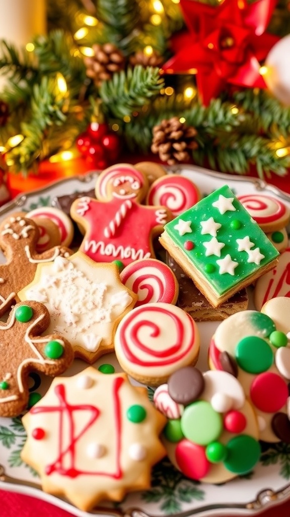 A variety of Christmas baking snacks including gingerbread cookies, chocolate peppermint bars, and spritz cookies on a festive platter.